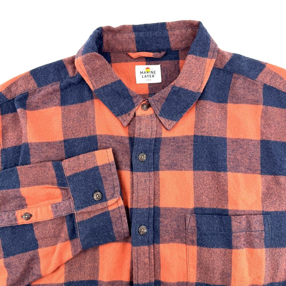 Marine Layer Shirt Mens Large Orange Plaid Buffalo Long Sleeve Button Up Casual